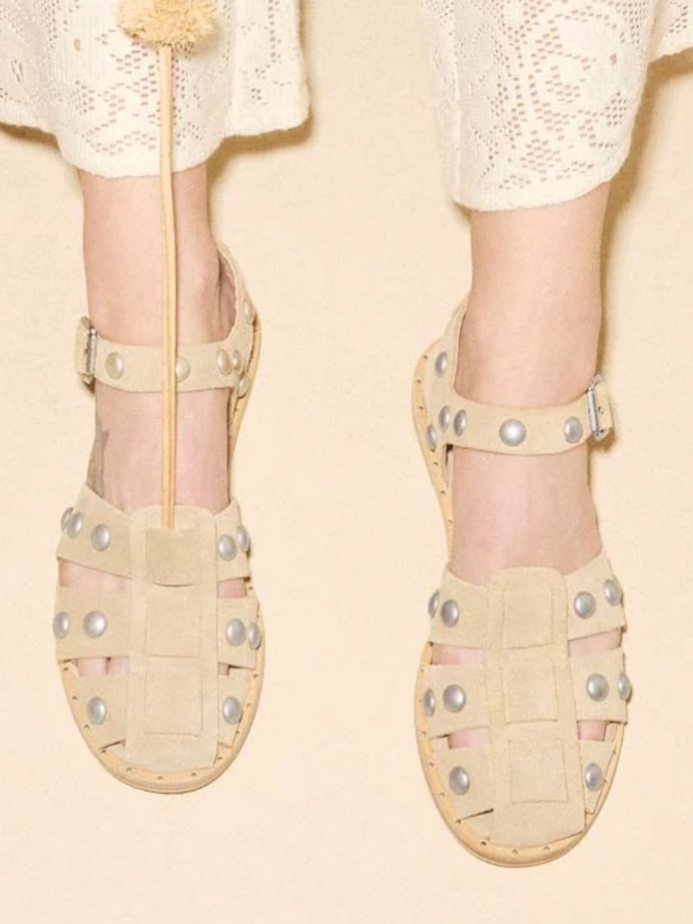 Freda Salvador Sera Fisherman Sandal Stucco Suede with Silver Studs Size 10.5